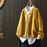 Women's soft knit cardigan sweater in yellow displayed on a clothes hanger, showcasing its long sleeves, collar, and casual yet elegant design. The cardigan is in size 3XL.