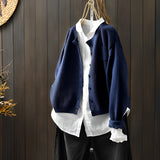 Women's blue 3XL soft knit cardigan sweater on a clothes hanger, featuring a collar and long sleeves, displayed against a neutral background.