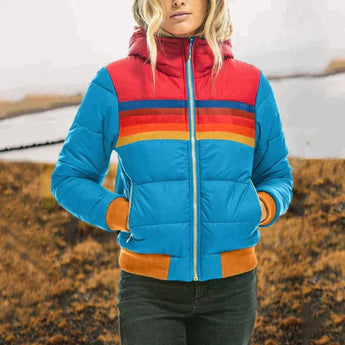 Women's striped color block puffer bomber jacket in azure, featuring a standing collar and long sleeves, worn by a smiling individual standing outdoors.