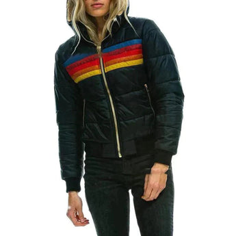 Women's striped color block puffer bomber jacket featuring a prominent collar and long sleeves, designed for insulated winter wear with a stylish fashion design.