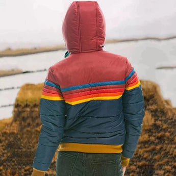 Women's striped color block puffer bomber jacket with insulated material, featuring long sleeves, a stand-up collar, and a stylish design suitable for winter wear.