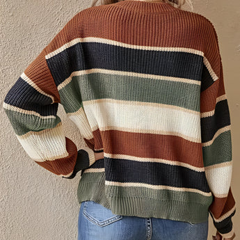 Women's multicolor striped crew neck sweater with long sleeves, styled with jeans, showcasing fall fashion knitwear.