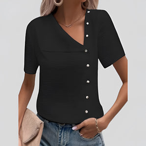 Women's Summer V-Neck Asymmetrical Button Blouse in Black, 2XL, with short sleeves and stylish asymmetrical button design.
