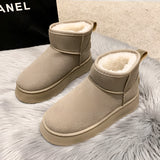 Tan suede winter ankle boots for women with fleece lining, featuring a non-slip sole, Velcro closure, and fashion-forward design in a beige color, size 41.