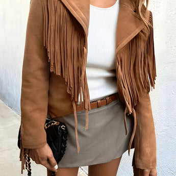 Women's tan fringed suede jacket in boho chic style, featuring long sleeves and fringe detailing, shown in a brown hue and XL size.