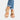 Women's tan leather strappy chunky heel sandals with a buckle strap, worn with jeans.