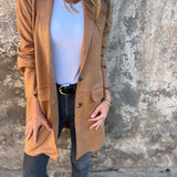 Women's tan suede blazer in size 5XL, showcasing a lightweight and stylish fall jacket with a classic collar, long sleeves, and a tailored fit, perfect for pairing with dress shirts or suits.