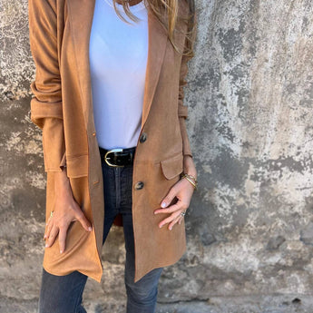 Women's tan suede blazer in size 5XL, showcasing a lightweight and stylish fall jacket with a classic collar, long sleeves, and a tailored fit, perfect for pairing with dress shirts or suits.