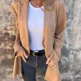 Tan suede blazer for women with a lightweight design, featuring a classic collar and tailored sleeves, suitable for fall fashion.