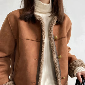 Women's Tan Suede Shearling Jacket with Gold Button Detail