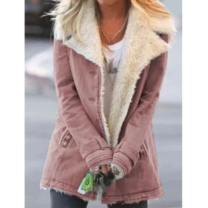 Light pink women's thermal insulated parka in size 4XL featuring a sherpa-lined interior and a faux fur collar, designed with long sleeves and a waist-length cut.