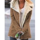 Khaki women's thermal insulated sherpa-lined parka in size 4XL, featuring a faux fur collar and long sleeves, designed for warmth and style.