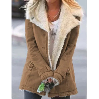 Khaki women's thermal insulated sherpa-lined parka in size 4XL, featuring a faux fur collar and long sleeves, designed for warmth and style.