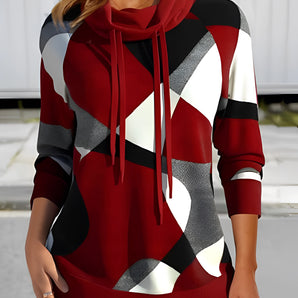 Women's trendy geometric cowl neck hoodie in red, black, and grey colors, featuring long sleeves and a comfortable fit in size 3XL.