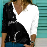 Women's black two-tone V-neck long sleeve top in size 5XL featuring a cat print design.