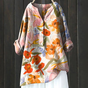 Orange floral V-neck linen blouse for women in a bohemian style with 5XL sizing.