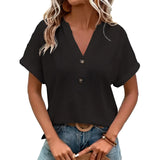 Women's black V-neck textured blouse with short sleeves in geometric design, size 3XL