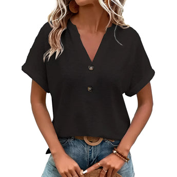Women's black V-neck textured blouse with short sleeves in geometric design, size 3XL