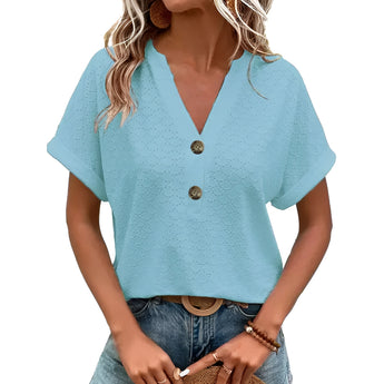 Women's V-Neck Textured Blouse in Blue, Short Sleeve, Geometric Pattern, Size 3XL