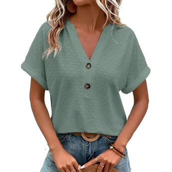 Women's green V-neck textured blouse with short sleeves and geometric pattern, size 3XL, paired with jeans.