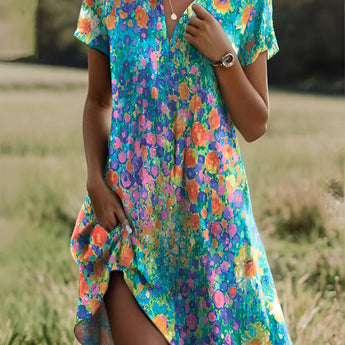 Women's vibrant floral print summer dress in blue featuring short sleeves and a defined waist, available in size 3XL.