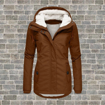 Women's Waterproof Grey Insulated Parka with Fur-Lined Hood in Braun, Size 4XL, featuring long sleeves, a high collar, and fashionable design.