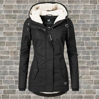 Women's waterproof grey insulated parka with fur-lined hood, black color, size 4XL, displayed in a studio setting.