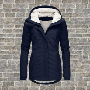 Women's waterproof grey insulated parka with fur-lined hood, shown in Marine color, size 4XL, featuring long sleeves and a high collar.