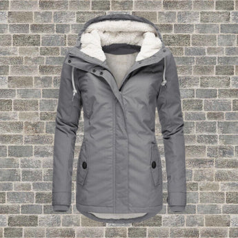 Women's Waterproof Grey Insulated Parka with Fur-Lined Hood, Winter Coat, Size 4XL.