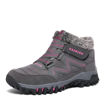 Gray women's waterproof insulated hiking boots in size 43, featuring a stylish design with anti-slip soles, suitable for outdoor activities.