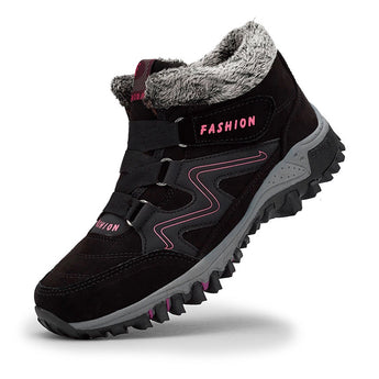 Women's stylish black and pink waterproof insulated hiking boots with anti-slip soles, designed for outdoor activities and available in size 43.