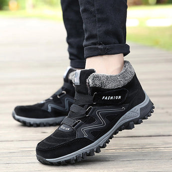 Women's waterproof insulated hiking boots in shades of white, black, and grey, designed for style and anti-slip performance. The boots are suitable for walking and sports activities, highlighting their functionality and comfort for outdoor adventures.