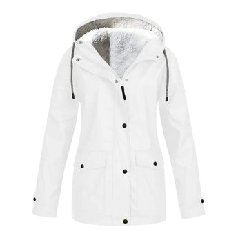 Women's waterproof insulated parka in grey, featuring a fur-lined hood, long sleeves, and button details, designed for 5XL size.