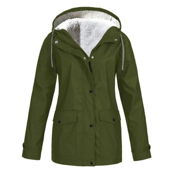 Women's green waterproof insulated parka in size 5XL, featuring a fur-lined hood and button closures. The parka is designed with a fashionable sleeve and collar, providing both style and warmth.