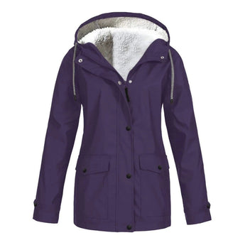 Women's purple waterproof insulated parka with a fur-lined hood, featuring long sleeves and a collar, designed for warmth and style in cold weather conditions.