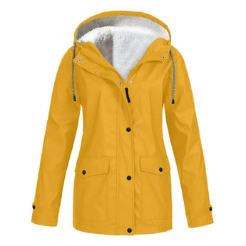 Women's yellow waterproof insulated parka with fur-lined hood in size 5XL, featuring a buttoned front, long sleeves, and a high collar design.