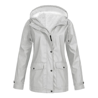 Women's silver waterproof insulated parka in size 5XL, featuring a fur-lined hood, long sleeves, and a sleek design.
