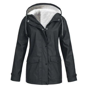 Women's dark grey waterproof insulated parka with a fur-lined hood, featuring long sleeves and a high collar.