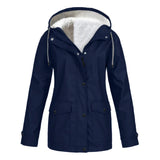 
Dark blue women's waterproof insulated parka with a fur-lined hood, featuring a full-length design with buttons, long sleeves, and a warm collar, available in size 5XL.