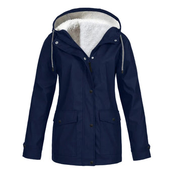 
Dark blue women's waterproof insulated parka with a fur-lined hood, featuring a full-length design with buttons, long sleeves, and a warm collar, available in size 5XL.