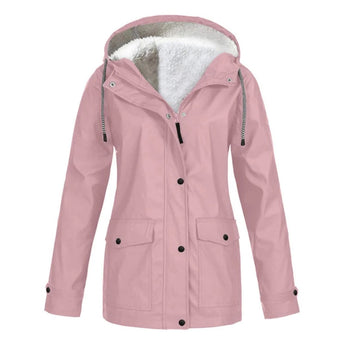 Women's waterproof insulated parka in rose color, featuring a fur-lined hood, button closure, and a 5XL size. The parka has long sleeves and a high collar, providing warmth and protection from the elements.