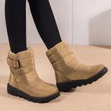 Women's waterproof insulated snow boots in beige with a durable non-slip wedge sole, suitable for cold weather and thermal protection.