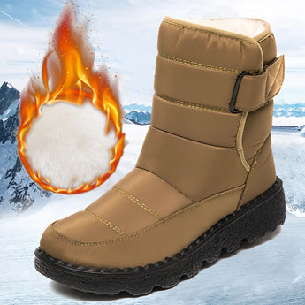 Women's persimmon-colored waterproof insulated snow boots, size 44, featuring a durable, non-slip synthetic rubber sole designed for outdoor use in snowy conditions.