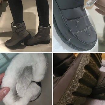 Women's waterproof insulated snow boots in black and white, featuring a non-slip sole and thermal lining for durability and protection against cold and wet conditions.