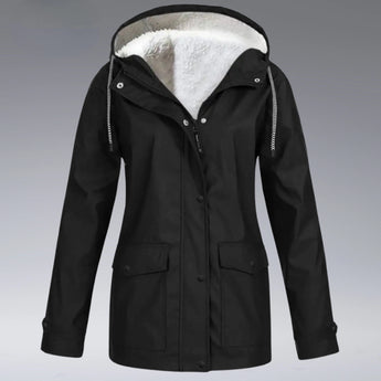 Women's yellow hooded winter parka with waterproof and insulated material, featuring full sleeves and a collar.
