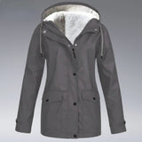 Women's gray hooded winter parka in 3XL size, featuring a waterproof and insulated design with long sleeves and a collar.