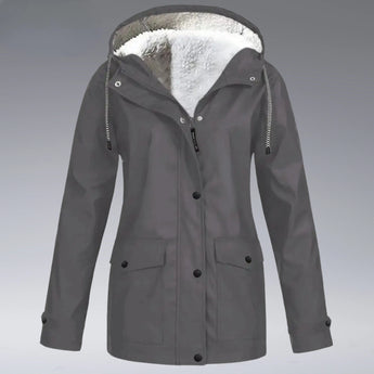 Women's gray hooded winter parka in 3XL size, featuring a waterproof and insulated design with long sleeves and a collar.