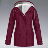 Women's red wine-colored insulated winter parka with a hood, featuring a button closure and designed with long sleeves and a collar.