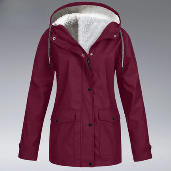 Women's red wine-colored insulated winter parka with a hood, featuring a button closure and designed with long sleeves and a collar.