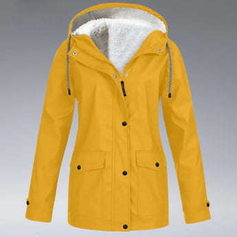 Women's yellow waterproof insulated hooded winter parka in size 3XL, featuring a stylish design with long sleeves, a protective collar, and a durable outerwear finish.